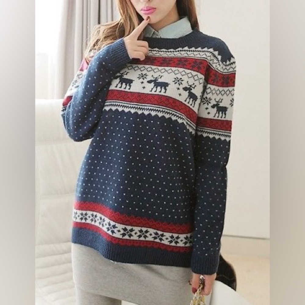 Women's Festive Reindeer Sweater - Navy and Red